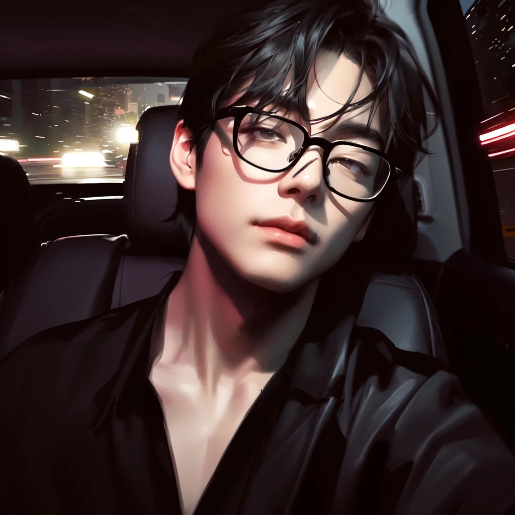 there is a man with glasses sitting in a car, artwork in the style of guweiz, inspired by Yanjun Cheng, [ digital art ]!!, realistic anime artstyle, inspired by jeonseok lee, made with anime painter studio, [ 4 k digital art ]!!, inspired by Gang Se-hwang, high quality portrait, # 1 digital painting of all time, taehyung, kim taehyung, bts v, kpop male face, handsome man