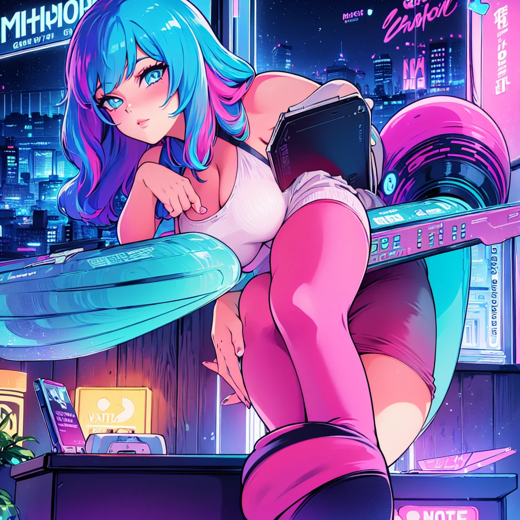 (masterpiece), Highest quality, Expressive eyes, Neon pastel aesthetics, Retro 90s, Neon color,((Girl sitting on sofa,In a cozy room,Records hanging on her wall, Comic books on the floor, Looking out the window behind her at the night city, Upholstered room, Anime figures lined up on a shelf)), Wearing headphones, (All around her it sparkles), (Wearing high socks and heels), (blue eyes), (Soft look), (Synthwave Art Style), Colorful Hair, Desk with PC set up