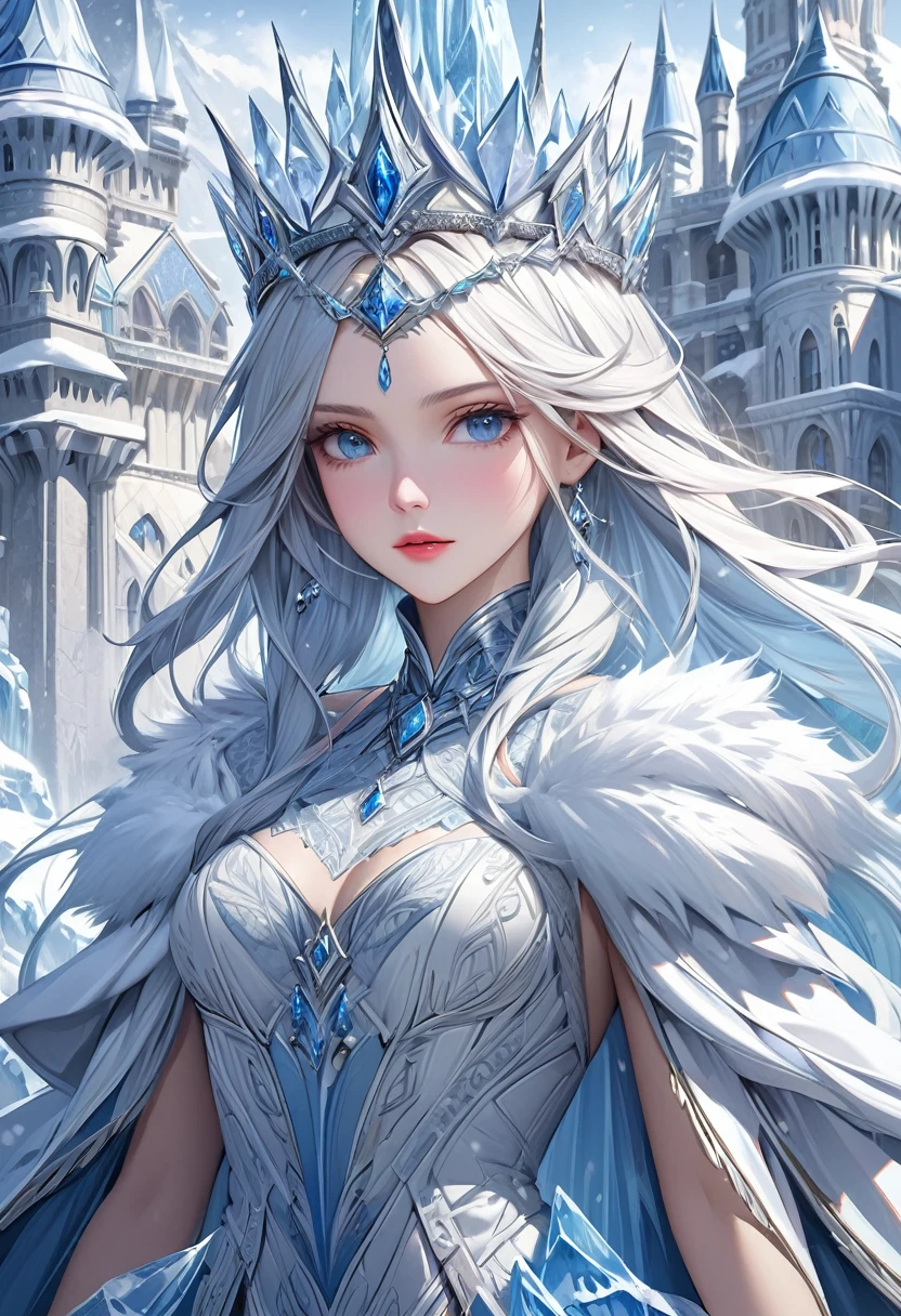 
               An extremely detailed close-up of a beautiful and elegant queen ruler of a world of ice and snow wearing a crown. The background is a magnificent ice and snow western style palace. Fantasy art style masterpiece. Fantastic fantasy world. Optical realistic style. Ultra detailed digital art. Realistic masterpiece. (best quality)