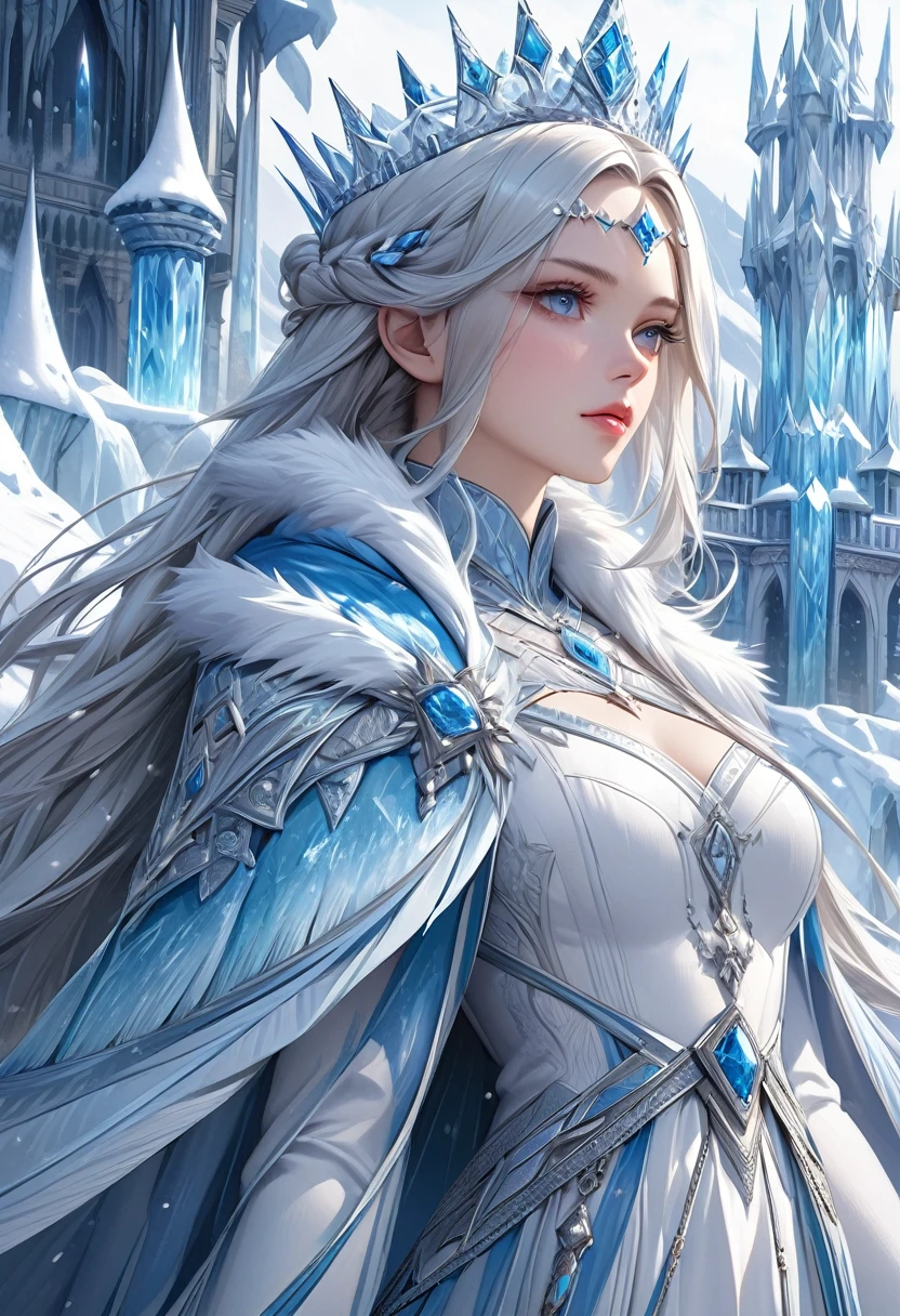 An extremely detailed close-up of a beautiful and elegant queen ruler of a world of ice and snow wearing a crown. The background is a magnificent ice and snow western style palace. Fantasy art style masterpiece. Fantastic fantasy world. Optical realistic style. Ultra detailed digital art. Realistic masterpiece. (best quality)