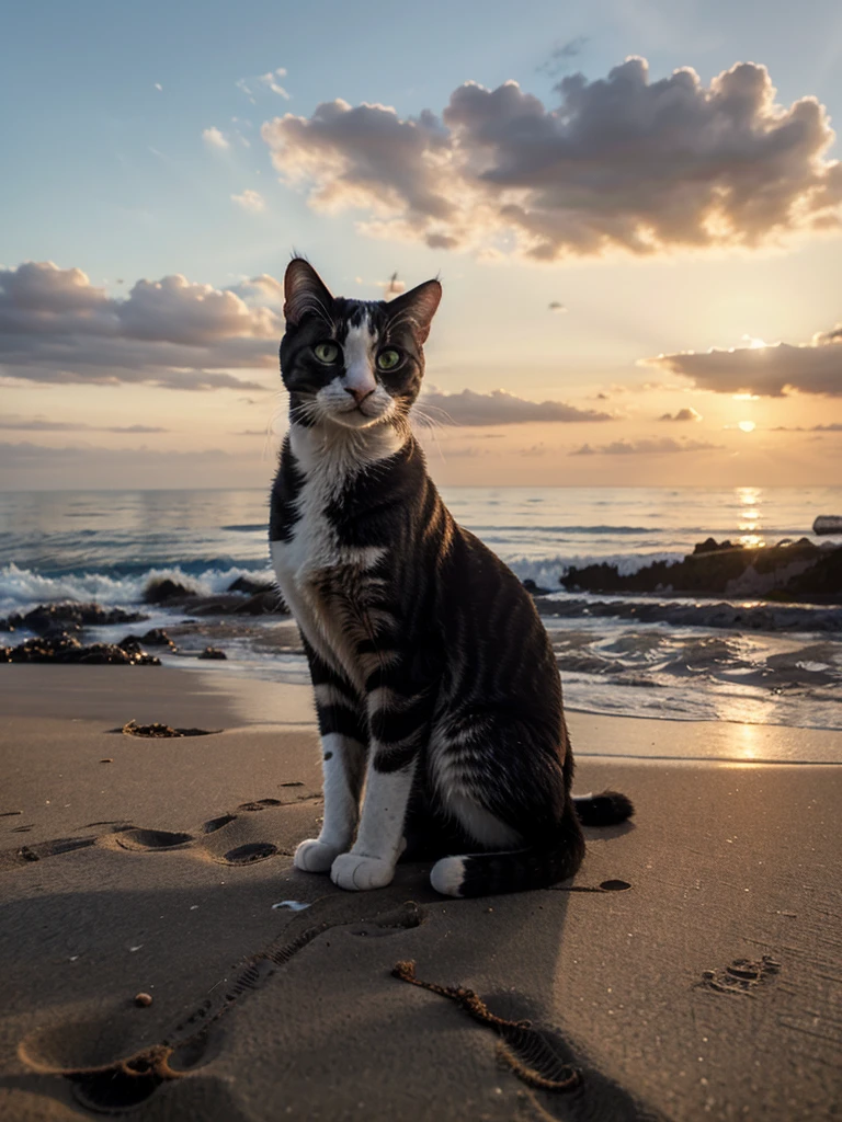 Cat looking at sea in the beach during the early morning