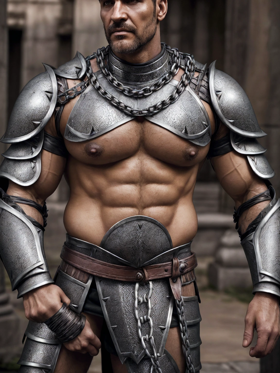 Raw, cinematic shot, (sharp focus:1.5), (photorealistic:1.2), medium portrait sexy daddy huge pecs of (a weary-looking but still proud and fierce-looking บาบาเลี่ยน warrior,sexy Spartan Armor, dressed in elaborately detailed chain mail and leather armour
