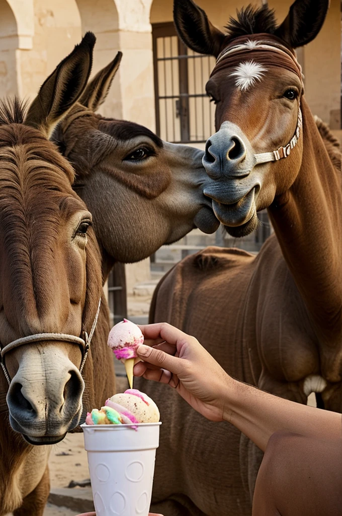 An Egyptian girl with pharaoh attire, in an ancient Egyptian dessert shop with themed ice creams. Holding ice cream shaped like a dildo