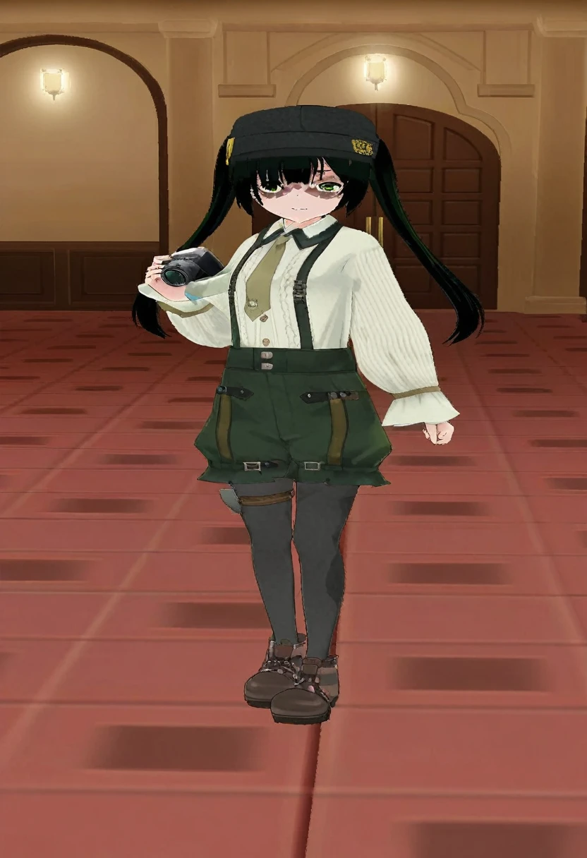 Anime girl wearing a green skirt and white shirt holding a camera, !!whole body portrait!!, whole body! shot, whole body shot hyperdetailed, whole body!, Inspired by Hisui Sugiura, In games, Girls Frontline Style, Rorish, highly detailed whole body, full - body - front - shot, fullbody shot, Soldier uniform