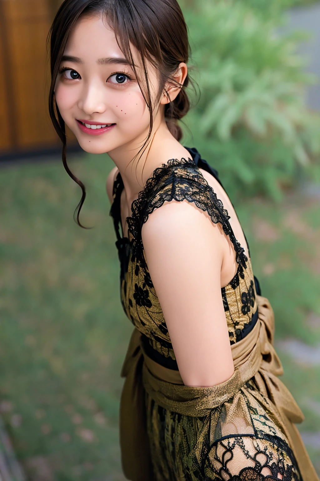 (((upper body shot))),Ultra-high resolution,big eyes,((brown eyes)),Japanese,(forehead),(a girl),(1 girl),((17 years old)),(cute),pretty,((facing at viewer)),arms behind back,grin,(((black lace clothes)))