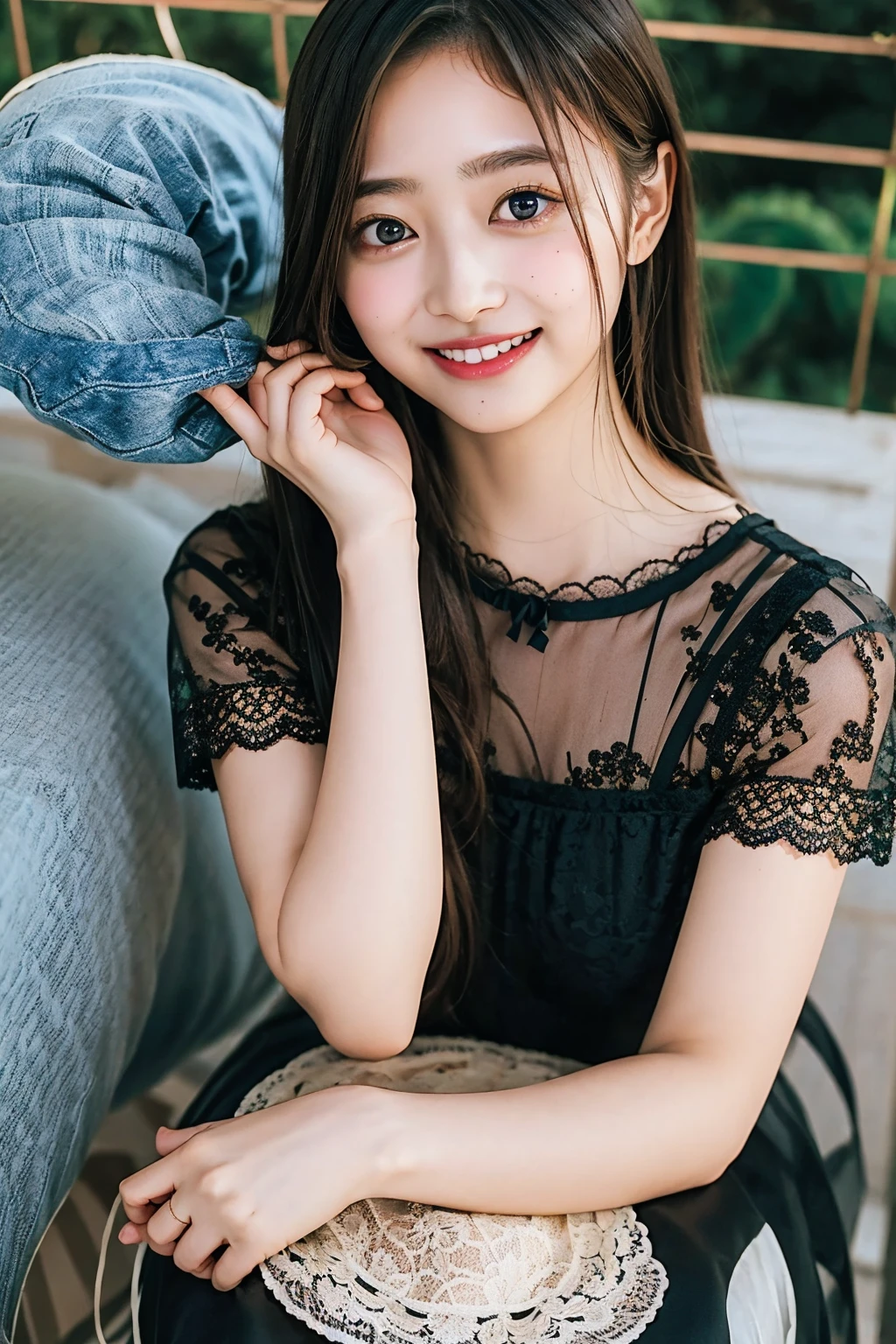 (((upper body shot))),Ultra-high resolution,big eyes,((brown eyes)),Japanese,(forehead),(a girl),(1 girl),(()),(cute),pretty,((facing at viewer)),arms behind back,grin,(((black lace clothes)))