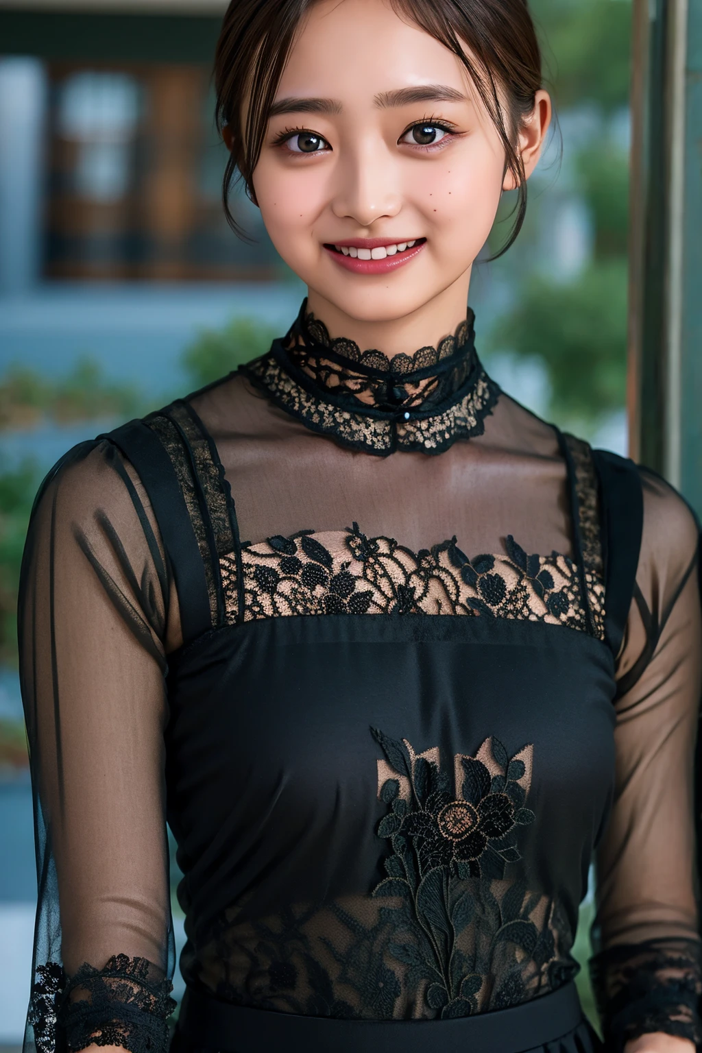 (((upper body shot))),Ultra-high resolution,big eyes,((brown eyes)),Japanese,(forehead),(a girl),(1 girl),(()),(cute),pretty,((facing at viewer)),arms behind back,grin,(((black lace clothes)))