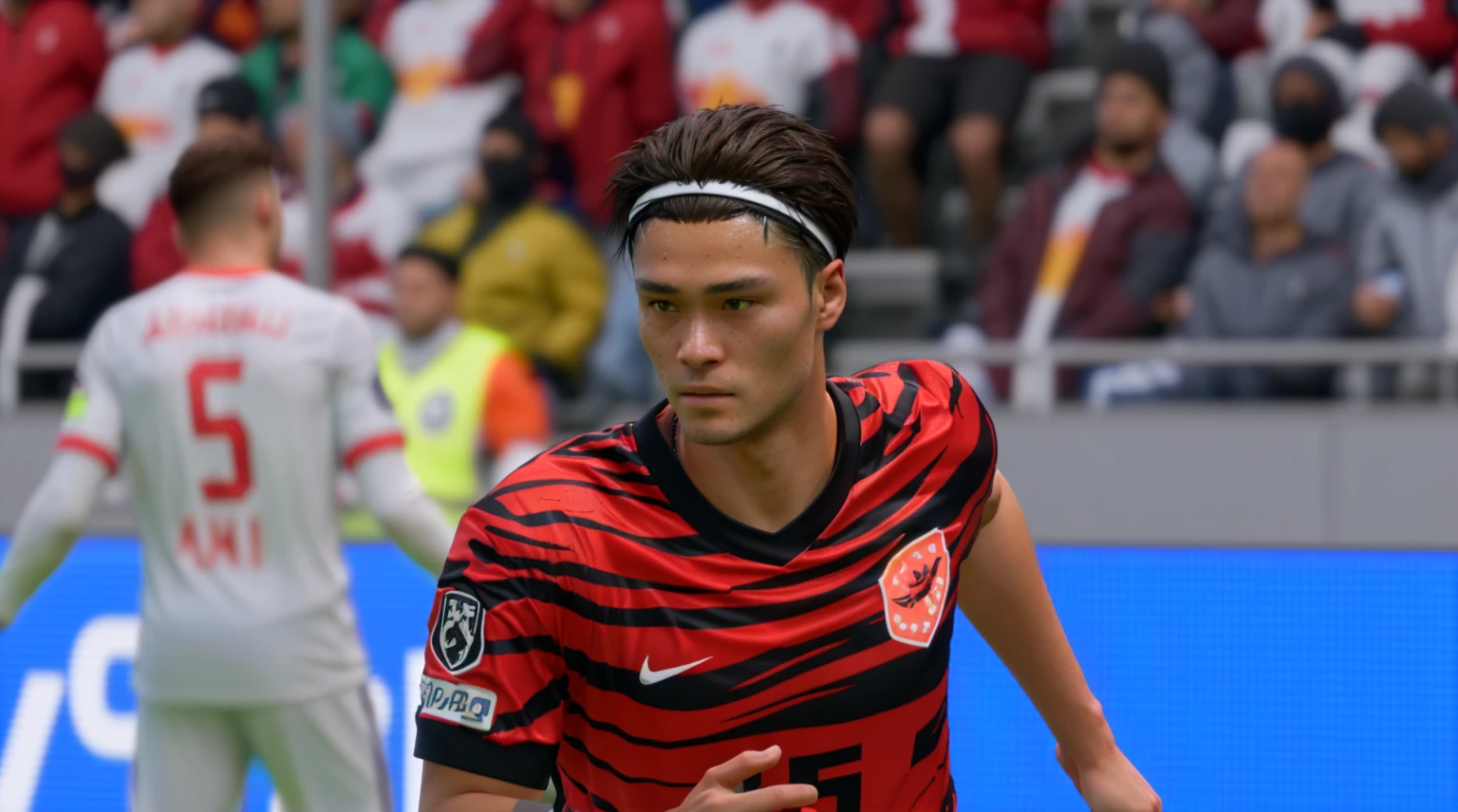 there is a man that is playing soccer in a game, in game style 8k, wearing the number 1 headband, up close shot shinji aramaki, 8k detail, 8 k detail, ultra-realistic graphics, 2020 video game screenshot, 8k portrait render, inspired by Jan Asselijn, middle close up shot, 8k!!