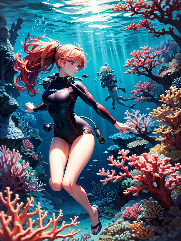 Highest quality,Highest Resolution,Beautiful girl scuba diving in the deep sea,High leg,Beautiful coral,
