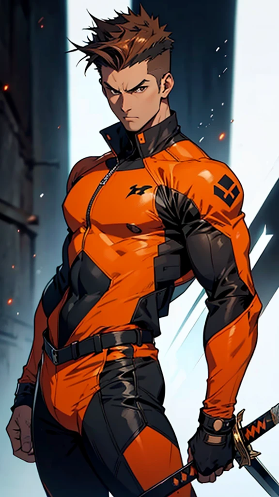 Adult Male, sword wielder, wearing an orange and black accented bodysuit, brown spiky quiff hairstyle, serious, comic design, cool pose, British 