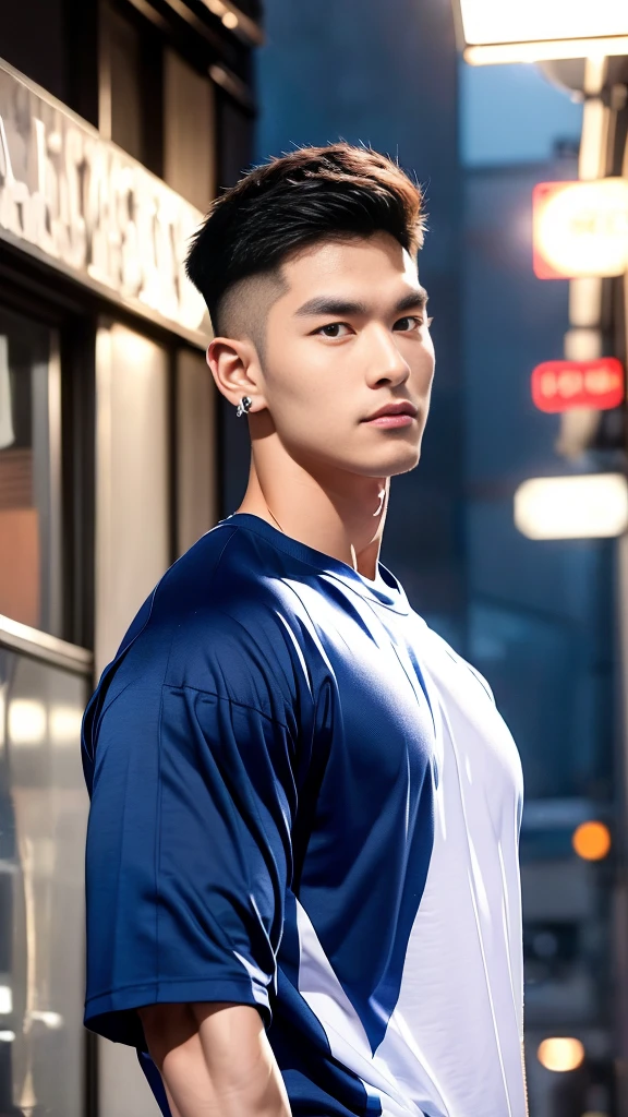 korea male male model, big muscles, handsome, cool, smoothly combed hair, pierced ears, wearing a t-shirt navy top, holding a lollipop, portraiture, modeling, dynamic pose, Japanese street, late at night, store lights trade, full half body shot