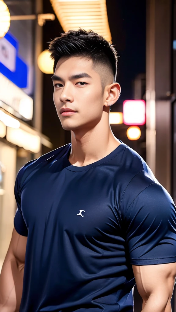 korea male male model, big muscles, handsome, cool, smoothly combed hair, pierced ears, wearing a t-shirt navy top, holding a lollipop, portraiture, modeling, dynamic pose, Japanese street, late at night, store lights trade, full half body shot