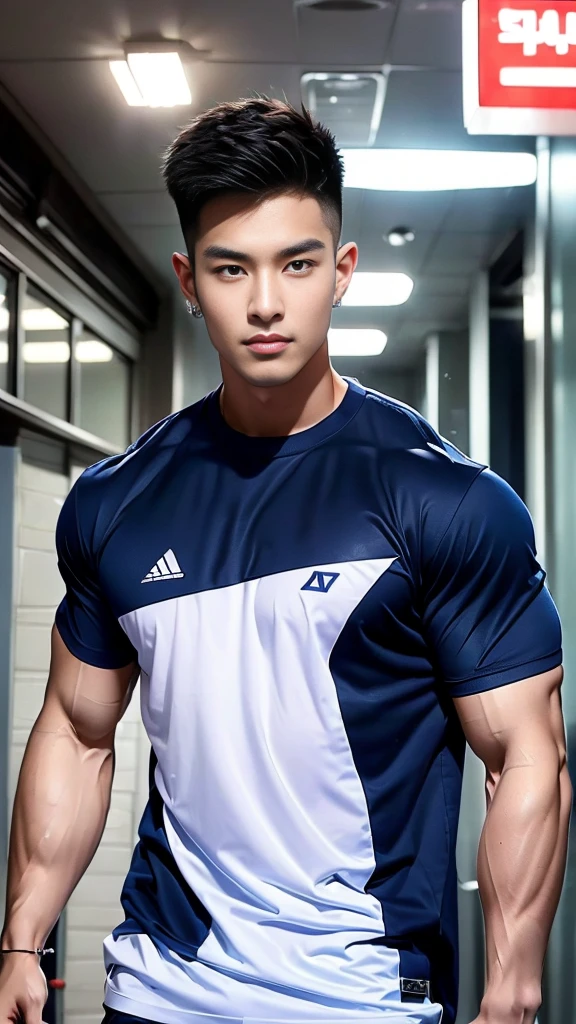 korea male male model, big muscles, handsome, cool, smoothly combed hair, pierced ears, wearing a t-shirt navy top, holding a lollipop, portraiture, modeling, dynamic pose, Japanese street, late at night, store lights trade, full half body shot