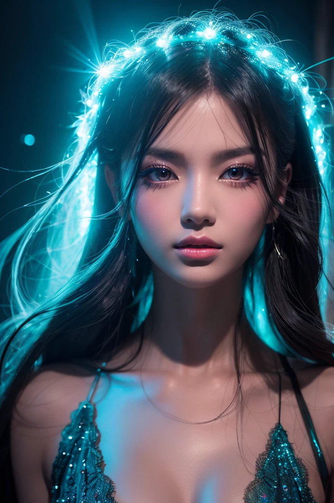 Close-up shot of a lone enigmatic female figure emerging from darkness. Neon hues and sparkling particles illuminate her refined features, including piercing gaze defined by luscious eyelashes. Radiant skin glows alongside flowing diaphanous attire resembling wispy fog around sinuous form. CMYK colors blend in artist's strokes, infusing depth and dimension. Backlit radiance casts entrancing aura, freezing surreal scene inviting viewer to enter mystical realm.