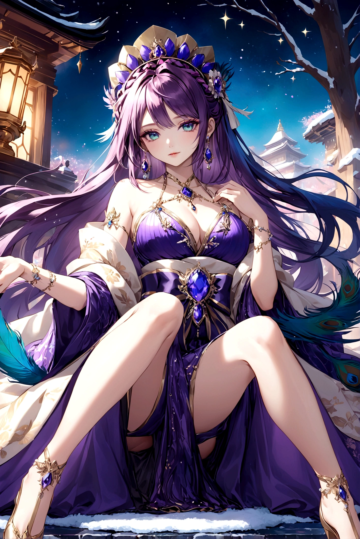 ((highest quality)),(ultra high resolution),(Super detailed),(detailed description),((best CG)),(best work of art),super precision art,amazing drawing art,(Fantasy art with intricate detail:1.5), (lady:1.6),(Shiny, bright violet hair:1.4),(An off-the-shoulder sleeveless dress with intricately detailed jewels:1.6)