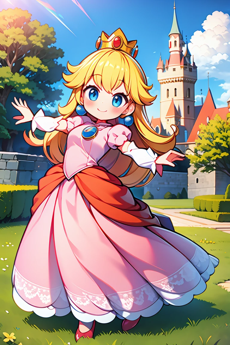 Princess Peach, one girl, blonde, cute, happy, nice smile, young, bright sunlight, Full body image, Are standing, dance, (masterpiece:1.2), best quality, masterpiece, top quality, looking at viewer, castle, castle gate, shining eyes, blush, mushroom