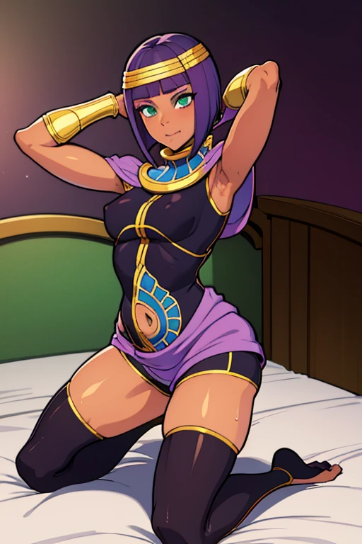 Masterpiece, best quality, absurdres, 1girl, standing,menat_classic, light smile, dark skin, Green eyes, egyptian, bob cut, bodysuit, shorts, thighhighs, circlet, navel cutout, purple shawl, bedroom,kneel on bed,arm behind head,armpits wet through shirt