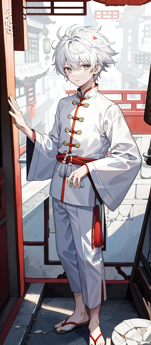 1 boy, 18 years old, full body, messy hair, white hair, short hair, chinese clothes,