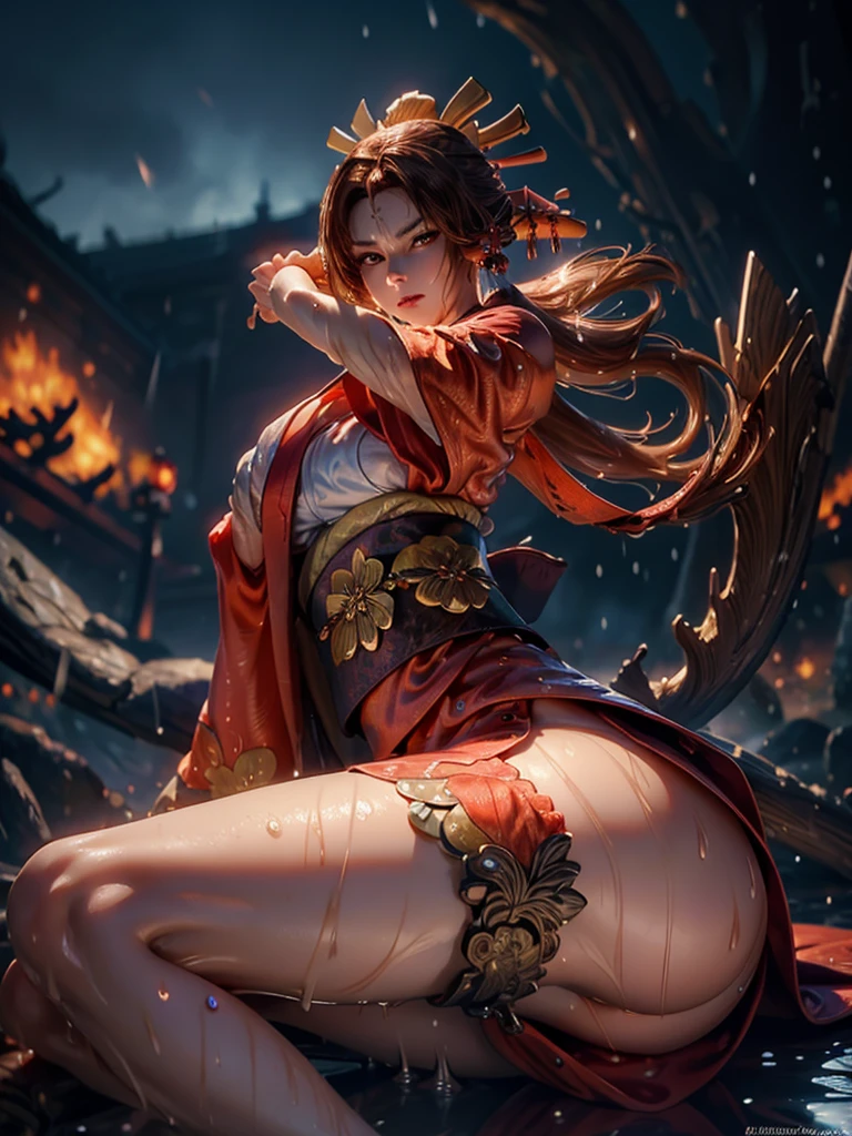 (exquisitely detailed CG unity 8k wallpaper, masterpiece-quality with stunning realism), (best illumination, best shadow), (best quality), (elegant style:1.2), Arti modern anime. angled view, heroic pose, midshot, (cel-shading style:1.3), centered image, ultra detailed closeup portrait of (Mai Shiranui:1) from (King of Fighters), best quality, expressive eyes, perfect face, highres, (ultra details), 1 girl, solo, (brown hair:1), hair ornament, eyeshadow, (gold, white and mainly red qipao:1), highly ornamented, (in metro Tokyo City:1), portrait, looking at the viewer, piercing eyes, full body, (light from the angle:1) (wind blowing:1.2).(depth of field effects:1.3) (motion action:1.2) (closeup:1.2) (motion blur effects:1), spreading feet, Thin to transparent,see-through, (((Soggy-kimono:1.2))),Lace fabric, (((water-immersed body: 0.9))), jewellery, (lying down:1) (fire in the background:1.1), (asian face:1.2), (nail polish:.6), (makeup:.8), (arms and hands resting:1) (arms down:1) (sexy pose:1), (2 legs:1), (2 arms:1), (2 hands:1)