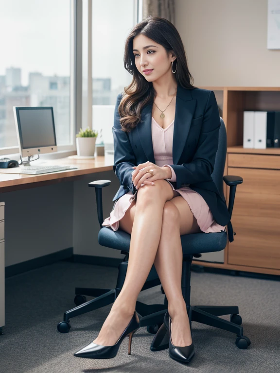 The best quality in the best condition, Realistically, Very detailed, About pubic hair, High resolution, 8k wallpaper, One beautiful woman, Pink wet lips, Light brown messy long hair, wear a dark blue office suit with a short skirt, Perfect dynamic composition, Beautiful Eyes, Delicate hair, Detailed Realistically skin texture, smile, Close-up portrait, Model Body Type, Office background with a view of the building, Photo Background, (Full Body Shot, Toes too), Shooting from a distance, (Random body orientation),Earrings,necklace,High heels,Sit on a chair,Sit in an office chair,