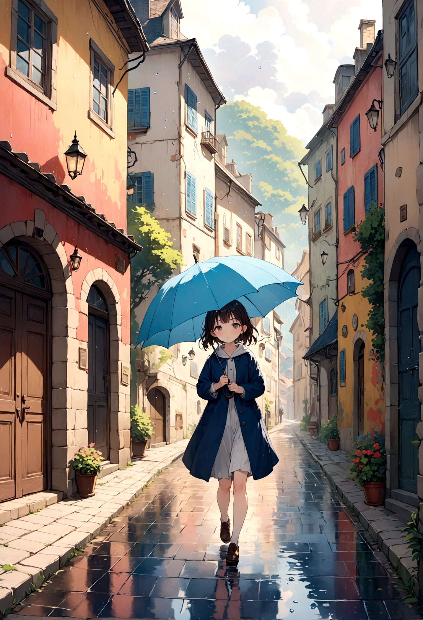 landscape,Street corner on a rainy day, A landscape like something out of a picture book,Emotional, 20yo, Girl is walking,BREAK, (Girl with an umbrella),umbrella,Anatomically correct,BREAK,Create an artistic background,Add a drop pattern to the background,The street is colorful, Fairytale-like,This is a cute illustration like a dream.,Blur the lines of the water droplets for an artistic look.,Intricate details,Wide range of colors,artwork,rendering,(masterpiece:1.3),(Highest quality:1.4),(Very detailedな:1.5),High resolution,Very detailed,unity 8k wallpaper,Structurally correct,France