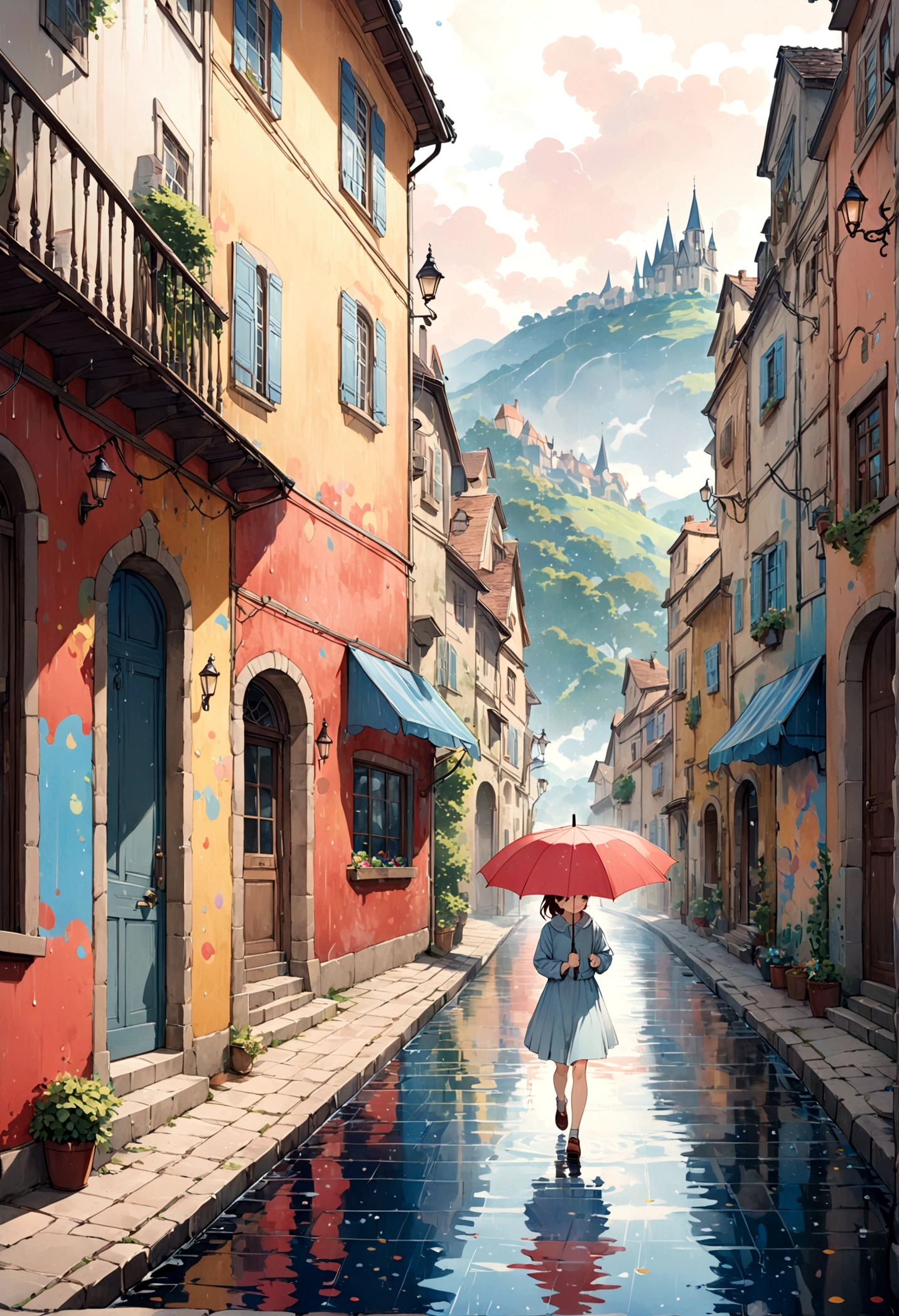 landscape,Street corner on a rainy day, A landscape like something out of a picture book,Emotional, 20yo, Girl is walking,BREAK, (Girl with an umbrella),umbrella,Anatomically correct,BREAK,Create an artistic background,Add a drop pattern to the background,The street is colorful, Fairytale-like,This is a cute illustration like a dream.,Blur the lines of the water droplets for an artistic look.,Intricate details,Wide range of colors,artwork,rendering,(masterpiece:1.3),(Highest quality:1.4),(Very detailedな:1.5),High resolution,Very detailed,unity 8k wallpaper,Structurally correct,France