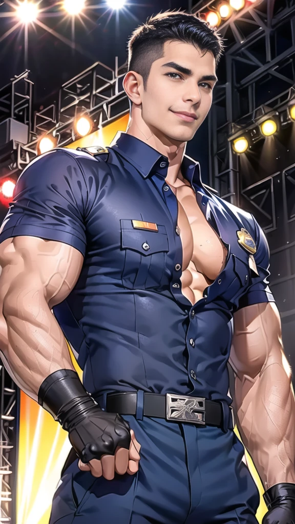 handsome man sit on stage ,(crew cut short hair:1.2),black eye,smile,open mouth (navy police uniform and t-shirt:1.2),(open shirt short sleeves:1.2),collar,(shirt covered over:1.2),(name tag and Police badge:1.2),(shirt no buttons:1.1),(black_gloves:1.3), (Navy blue cargo:1.2),Korean guy,korean men,(High gloss details),(chest muscles:1.2),(large arm muscles:1.2),blood vessel,Big muscles,Broad shoulders,looking at the audience,Balancing the eyes,middle of the road,(stage:1.4)