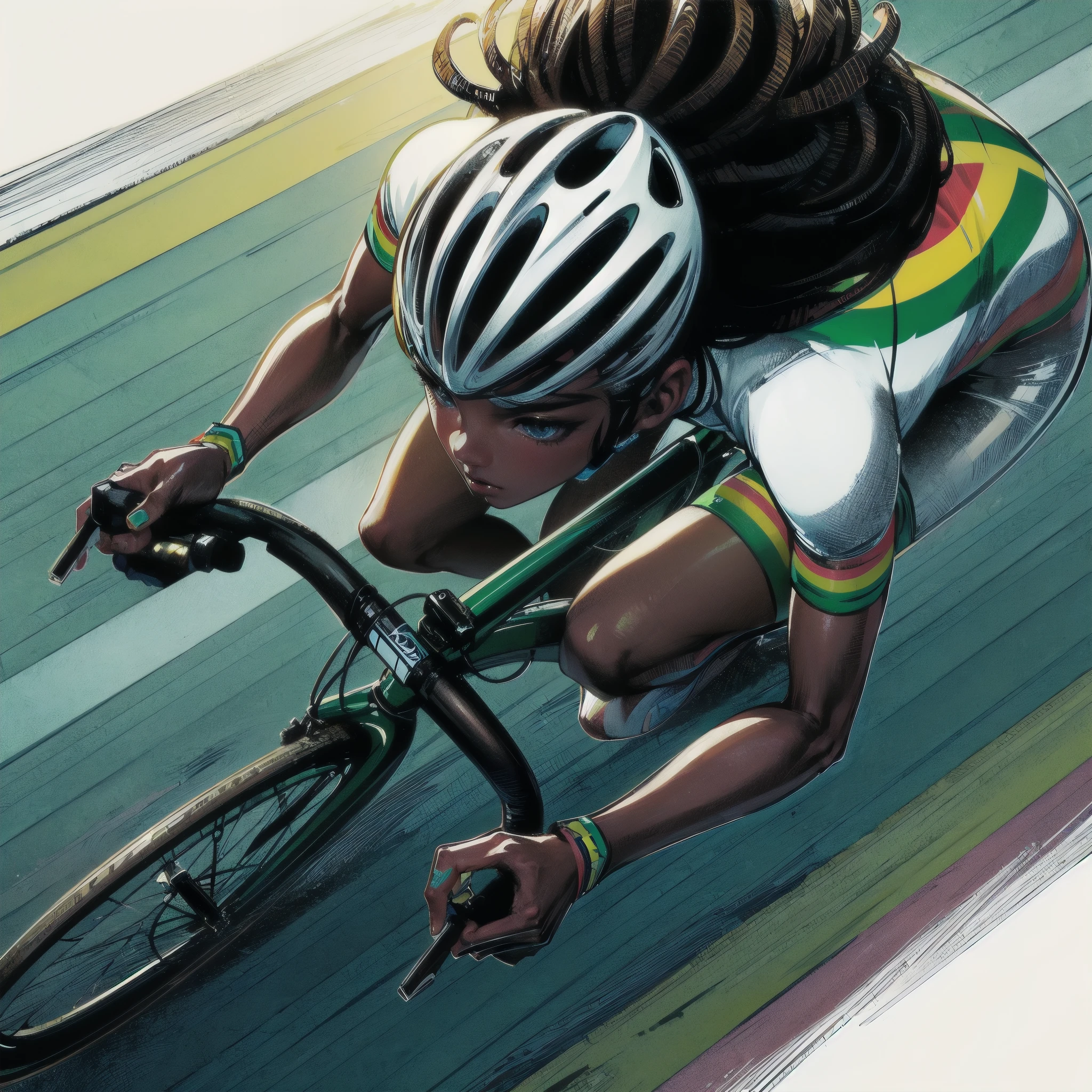 masterpiece, (textured skin), best quality, gorgeous beautiful girl, (a female cycling athlete), detailed clothes,large breasts,narrow waist,, (beautiful face), cinematic lighting, (at cycling venue ),