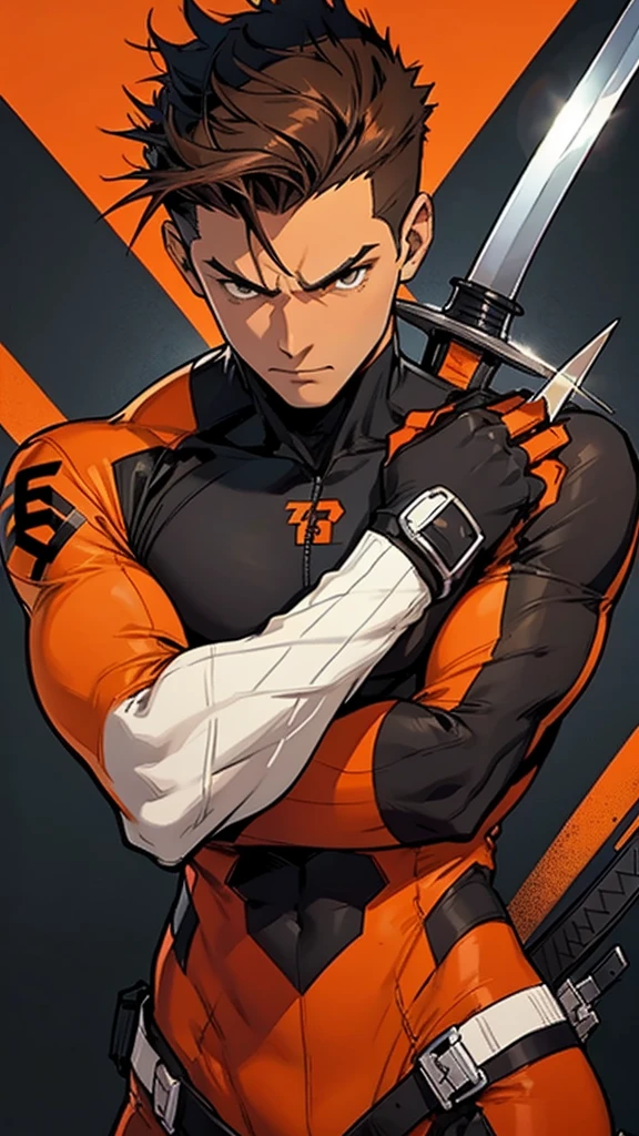 Adult Male, sword wielder, wearing an orange and black accented bodysuit, brown spiky quiff hairstyle, serious, comic design, cool pose, British 