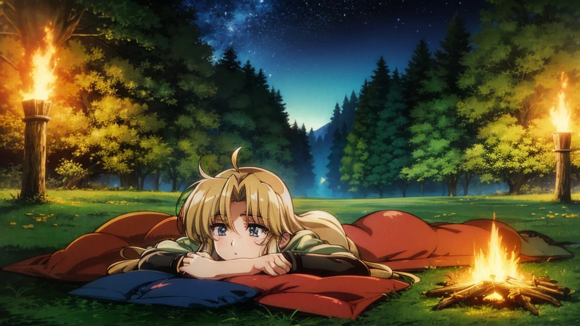 A human female adventurer camping outdoors in a fantasy game world, illustrated in a Japanese anime style. She is lying down around a campfire with her companions, with long, straight blonde hair. She is dressed in a red tunic, black pants, and boots, along with a blue cloak. Her large, expressive eyes are closed as she sleeps peacefully. The background features a dense, enchanted forest under a starry night sky. The scene is detailed with vibrant colors and a focus on anime aesthetics. 1920x1080 resolution.
