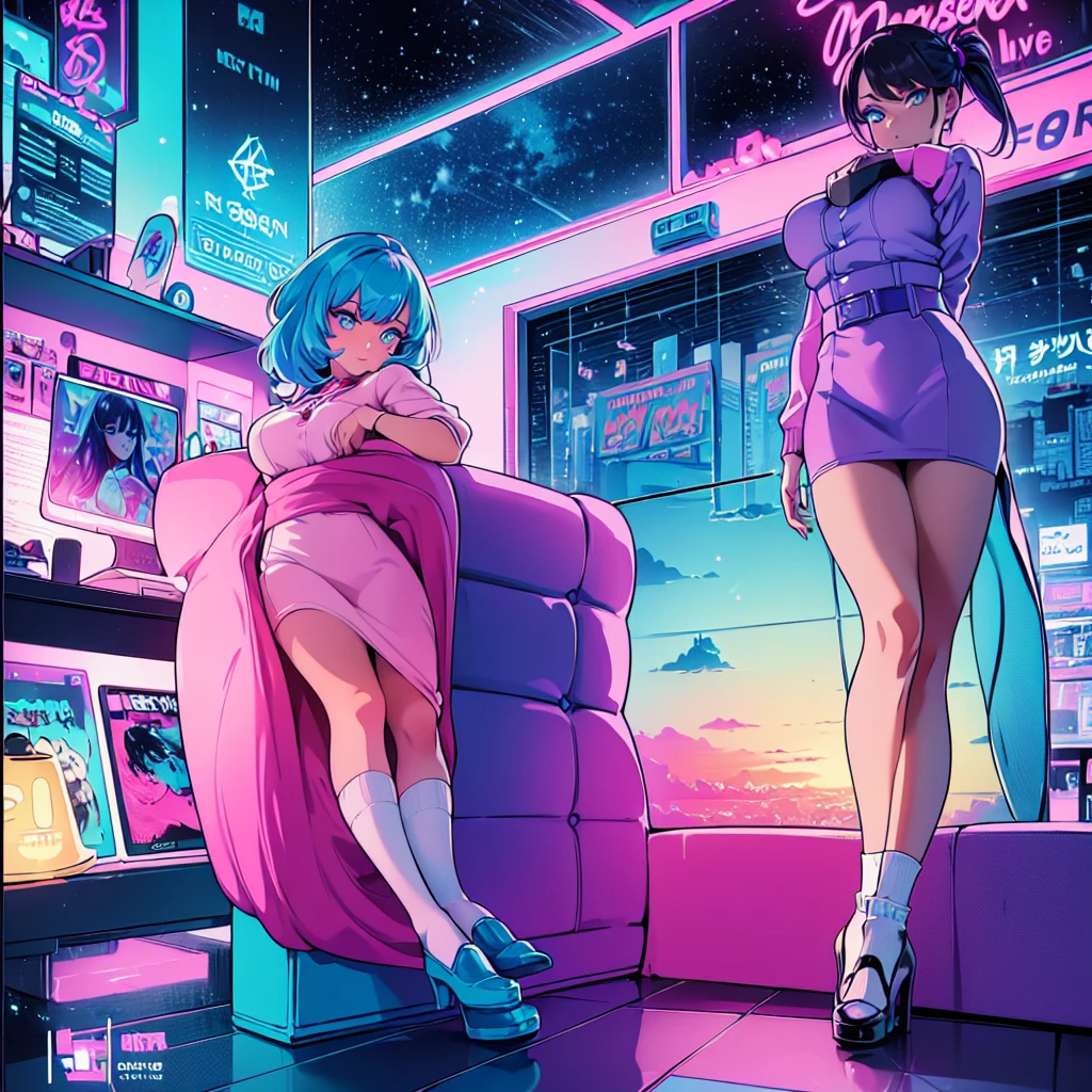 (masterpiece), Highest quality, Expressive eyes, Neon pastel aesthetics, Retro 90s, Neon color,((Girl sitting on sofa,In a cozy room,Records hanging on her wall, Comic books on the floor, Looking out the window behind her at the night city, Upholstered room, Anime figures lined up on a shelf)), Wearing headphones, (All around her it sparkles), (Wearing high socks and heels), (blue eyes), (Soft look), (Synthwave Art Style), Colorful Hair, Desk with PC set up