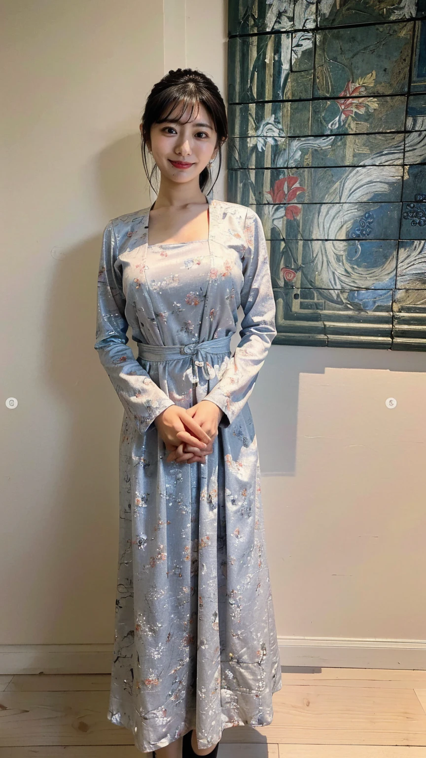 (8K、RAW Photos、Highest quality、masterpiece:1.2)、(Realistic、Realistic)、1 girl、((China dress:1.5、With pubic hair、Large Breasts、Full body from the front、Standing with hands behind back、))、Lots of eyelashes、Glowing eyelids、skeletally correct、smile、This photo will awaken boys to sex