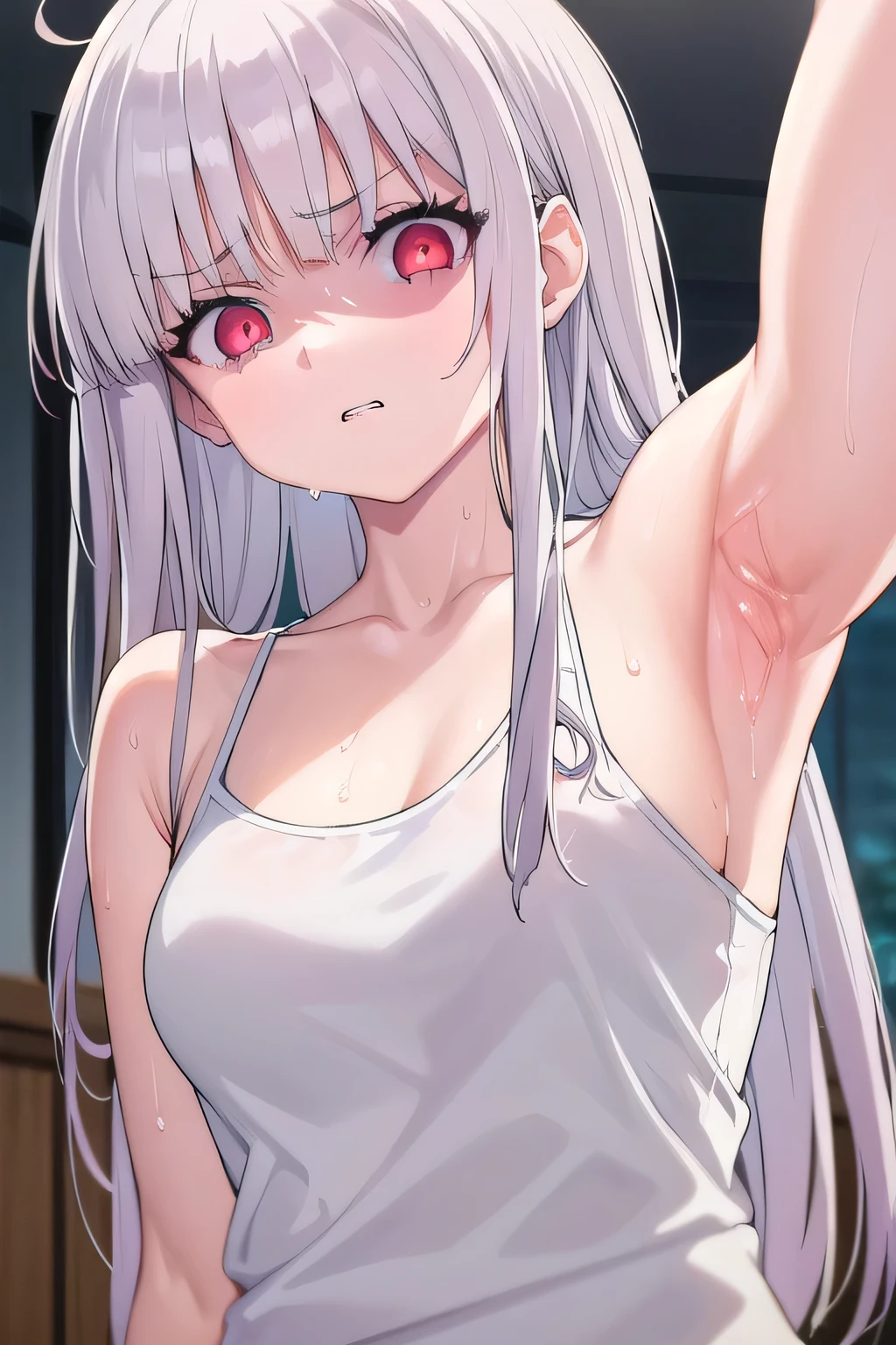 masterpiece, best quality, ultra-high-detailed, Disgusted face, white hair, red eyes, sigtuna julie, looking to viewer, deep eyes,  glare eyes, bare shoulder, focus to armpit, upper body, arms up, arms behind head, armpit crease, eyeshadow, croptop, tank top, camisole , cynical look eyes, fit girl, arms shot, steamy, furious , Warm body, hot body, A lot sweat , more sweat, hot temperature, sweating, Sweated a lot, warm room, bare shoulder,, in room, wet,  selfie