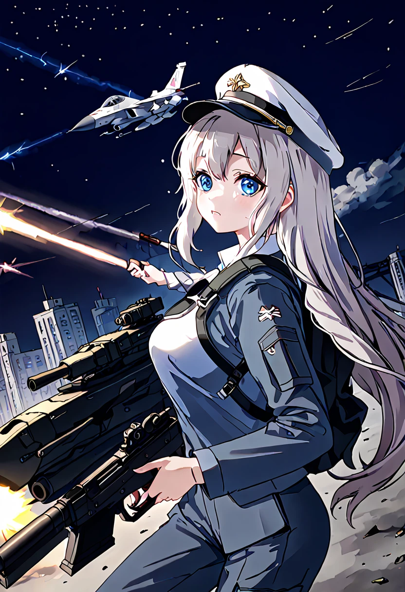 Facing forward　girl　Military uniforms with a white base and some black　Spectacular Background　A shooting star is falling　Beautiful night view　　　She is on the right　On the left you can see the destroyed city.　He has a gun　　　服にはplaneが描かれています　背景の上部にはFighterが飛んでいます　White Moon　blue eyes　　There is one person　blue and long hair　wearing a military cap　war　I'm wearing pants　Precision　masterpiece　girlにクローズアップ　girlを正面から見ています　Straight Rare　soldier　battlefield　{超Precision} Satanic　Terrified face　A few tears in the eyes　Scared　Anime Style　 {war} {Gunfight} {Fighterの擬人化} Fighter　tank　Battleship　plane　Thunder Day　Mechanical Man　宇宙Battleshipヤマトの武装をつけています　A dignified expression　F-16Fighterの翼を背中につけています　bombing　