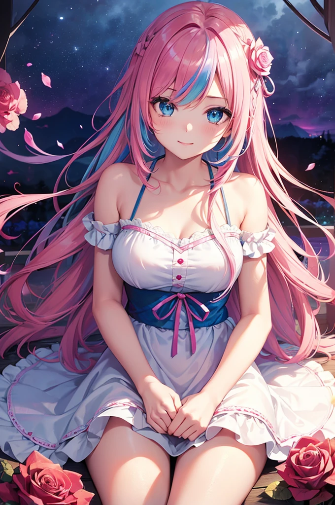 ((Highest quality, Tabletop)), ((Style - Swirl Magic):0.75)
One Girl,(((masterpiece)))、((超detailedな、Highest quality、High resolution、Cinema Lighting))、whole body、From above、whole bodyショット (1 girl)(Rainbow Hair、Colorful Hair、Half Blue、Half pink hair:1.2)(Both sides up)(Green Eyes)、eye shadow、eyeliner、Glowing Eyes、Hyper Detail Eye、Complex eyes、Beautiful Eyes、((Sparkling blue eyes))18-year-old girl、A seductive smile、detailed, Crimson Light, detailed background, Pink rose field, White sundress, Scary Clouds, Light Particles, sitting on roses,