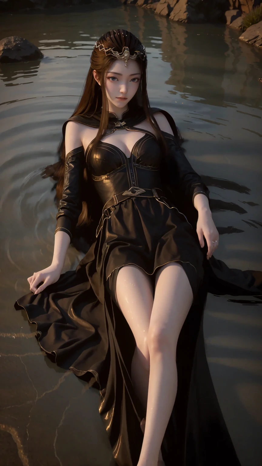 A girl lying on the bed under the stars, delicate smile, beautiful delicate eyes, beautiful delicate lips, extremely delicate face and eyes, long eyelashes, sexy body, flowing hair, best picture quality, famous works, ultra high resolution, (realistic :1.4), RAW photos, (Beautiful face :1.2), (Lying on the water :1.5), 1 girl, (Surreal), (8K), (4K), physical rendering, starry sky, ((full body shot)), barefoot, cross-legged, wearing a dress, long skirt