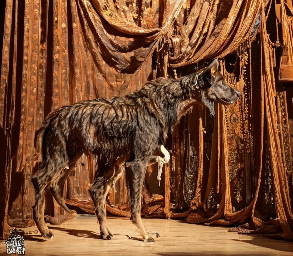 dog, best quality, Very detailed, Intricate details, (hairy) dog, sheath, Penis dripping, Standing in the room, Back to, look back,, Humanity and Wildness,