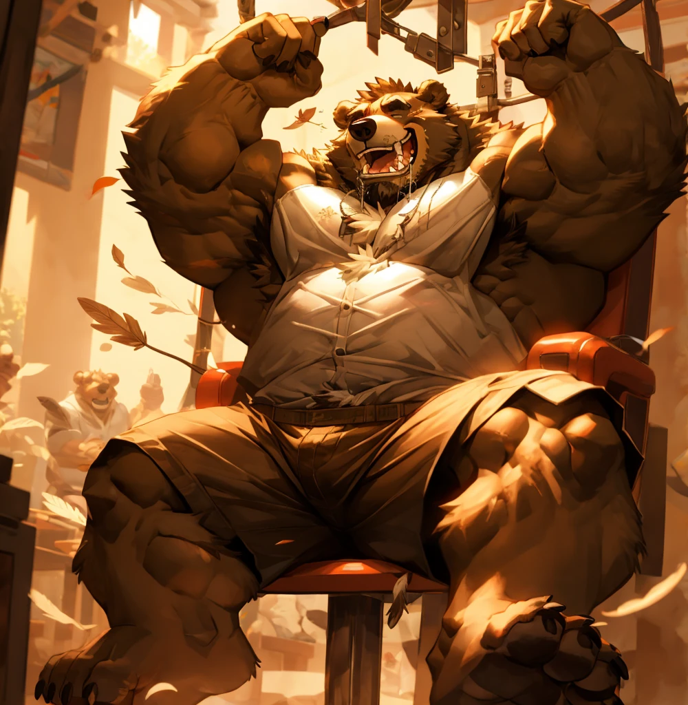 Bear Orc,male,Being tickled,Sitting on the torture chair,Show your armpits,Brown Bear,Have strong muscles,laughing out loud,Wear only shorts,Feather tickling underarms,Laughing with tears and saliva,Feathers between toes,Expose the soles of your feet