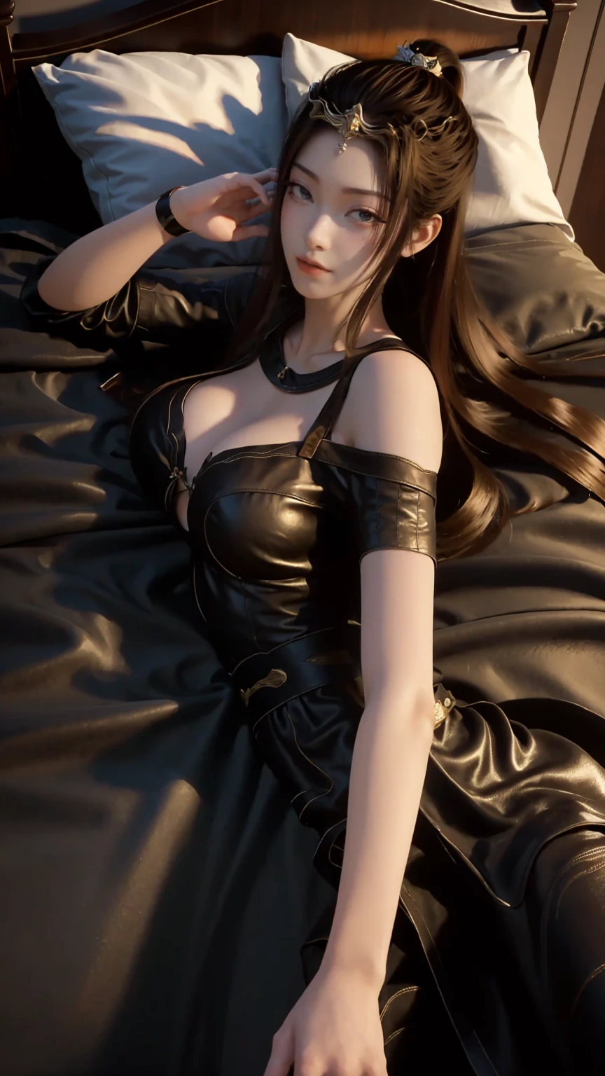 一个女孩Lying in bed，Dressed in suspender pajamas，Face up，Raise your legs slightly，Front view super detailed beautiful big breasted girl . Ultra HD, 4K, 8K, Movie，whole body，Lying down，Long legs，Very big breasts，whole body捕捉，（（（Lying in bed））），（（（whole bodyLying in bed））），big bed，Off-shoulder，Shoulder-length skirt，Lying in bed，Sleeping on the pillow，Lying down，Headrest pillows，（（（平Lying in bed））），whole body平Lying in bed