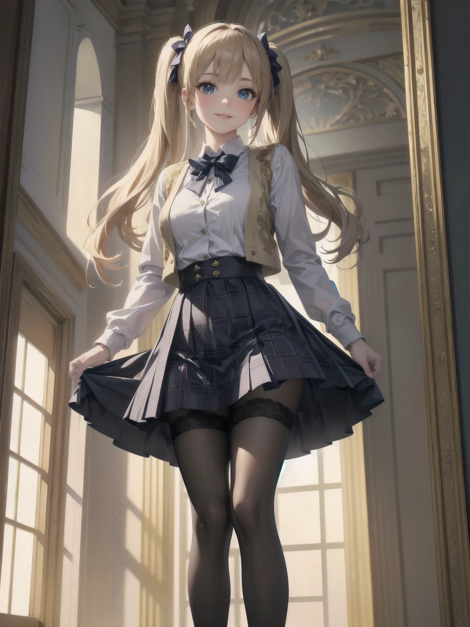 A lavish, photorealistic illustration of Soro, a charming 19th-century maiden, exudes elegance in a masterfully crafted scene. Framed by a ornate, gilded archway, she stands poised, her twintails adorned with sparkling bows, her cardigan vest and short-sleeved shirt perfectly complementing her plaid skirt. Over black legwear, her loafers add a touch of whimsy. A radiant smile spreads across her face, her eyes sparkling like diamonds in the soft, golden light. Every detail, from the intricate lace trim to the delicate folds of her garments, is meticulously rendered by a master illustrator's hand