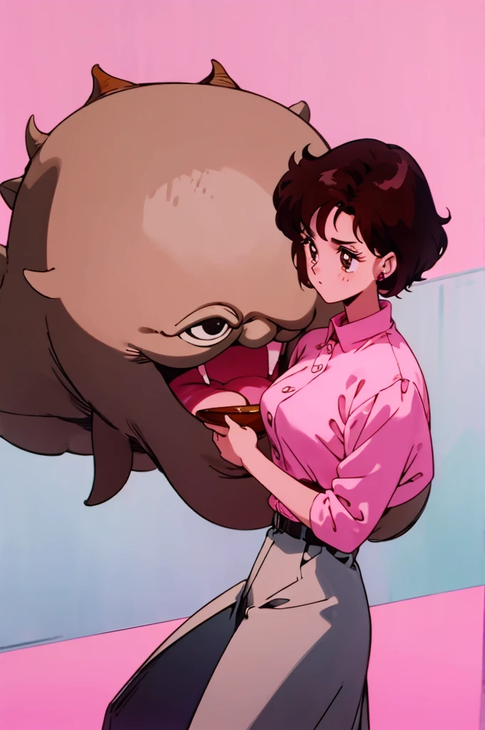 short bowl shaped hair, 1950's hair, brown hair, monster design, pink skin, monster detailing