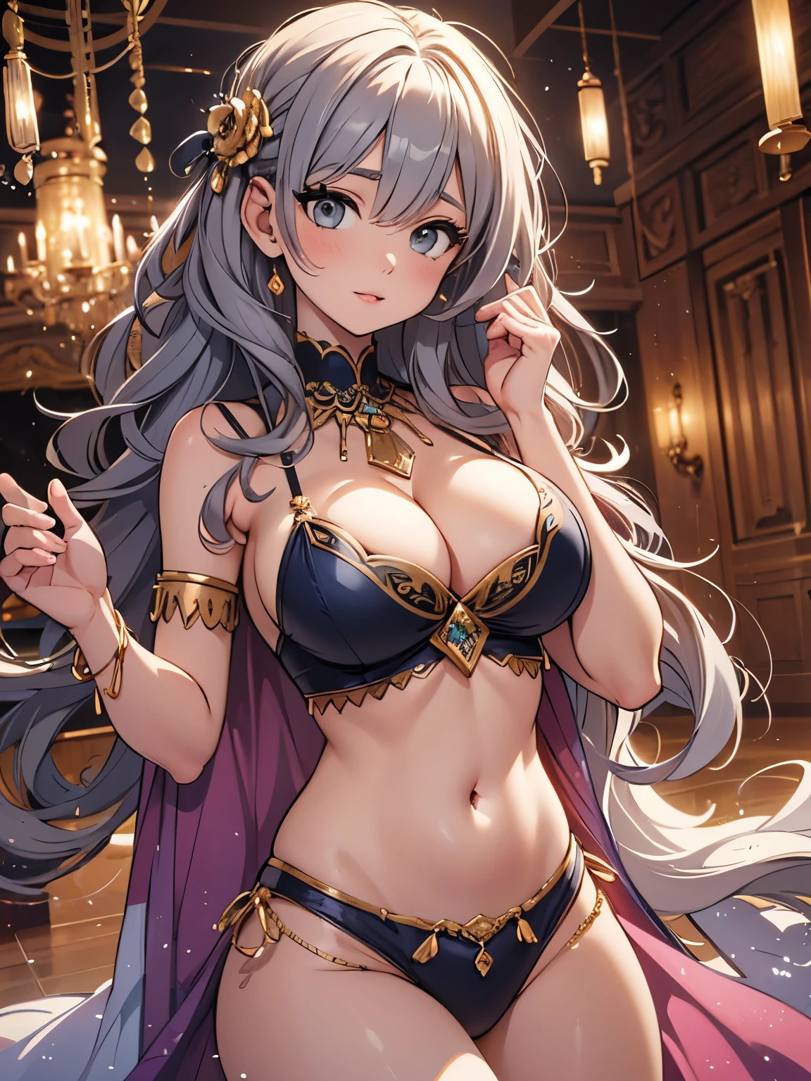 ((masterpiece)), ((best quality)), (ultra-detailed), ((cinematic light)), ((extremely detailed)), (8K), best quality, (beautiful), anime style, (upper body), cute girl, 1girl, solo, black wavy hair, (grey eyes), long hair, ((huge breasts)), (cleavage), slim, ((blue belly dance costume))，bare arms, bare shoulders, navel, perfectly proportioned, detailed clothing details, Cinematic lighting, (dancing), palace, (indoor)