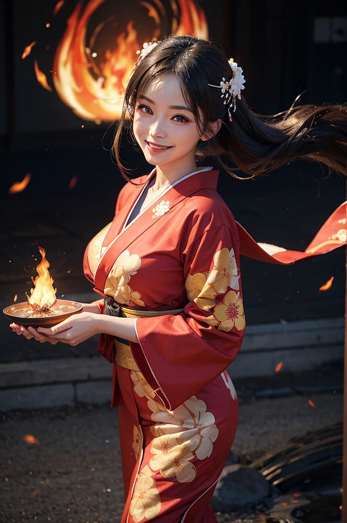 A beautiful smiling woman in a kimono dancing with fire in her hands, manipulating the flames with a magic circle and a blazing flame in the background