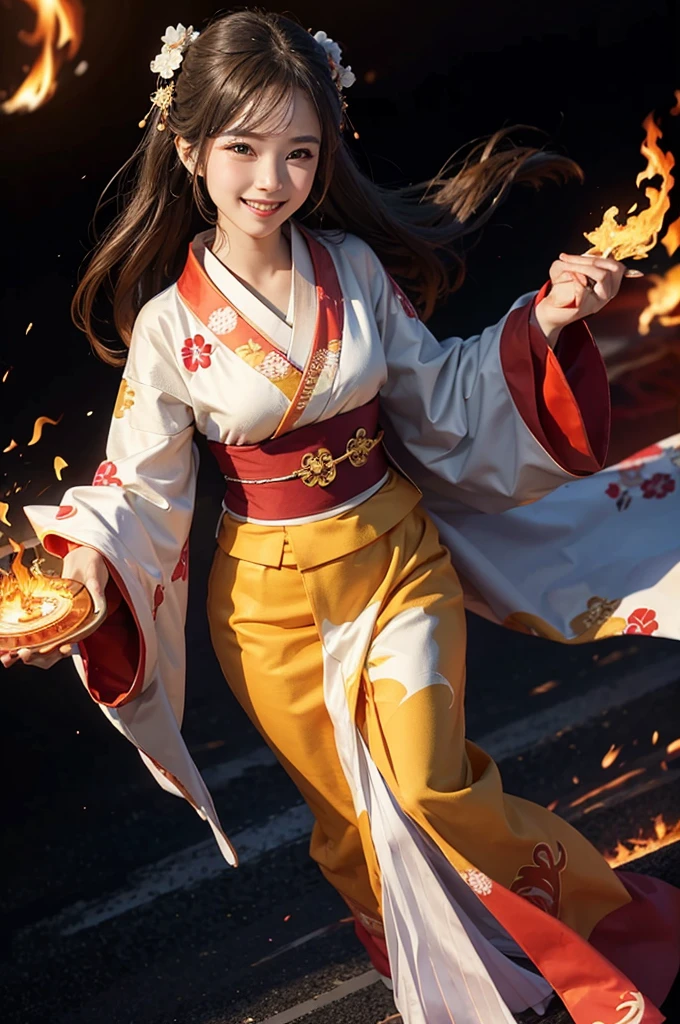 A beautiful smiling woman in a kimono dancing with fire in her hands, manipulating the flames with a magic circle and a blazing flame in the background