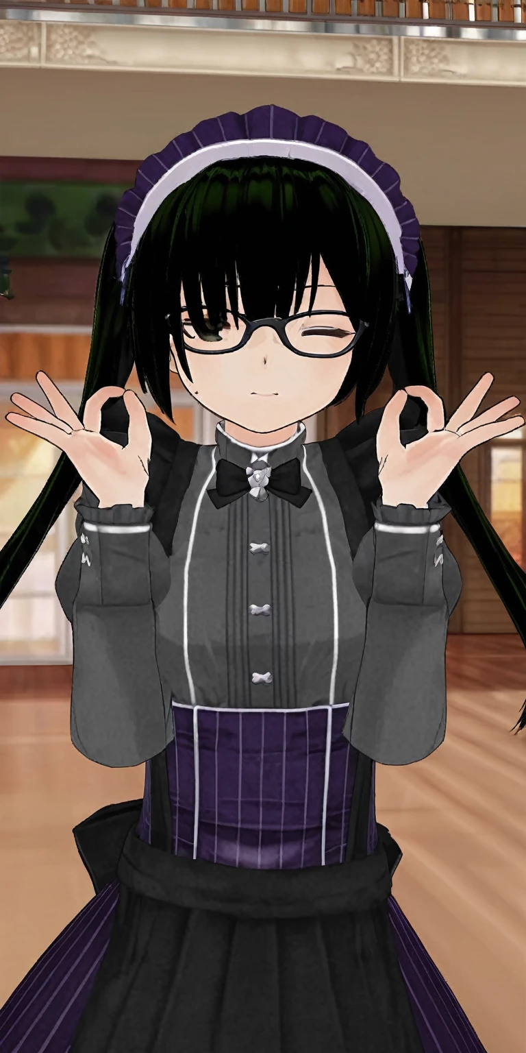 Anime girl with long black hair and glasses is taking pictures, Anime Moe Art Style, Pubic Pose, ((wearing a noble robe)), , Twin tails white_gloves, Half Yamada, My Dress Up Darling Anime, magic , inspired by Okumura Masanobu, magical school student uniform