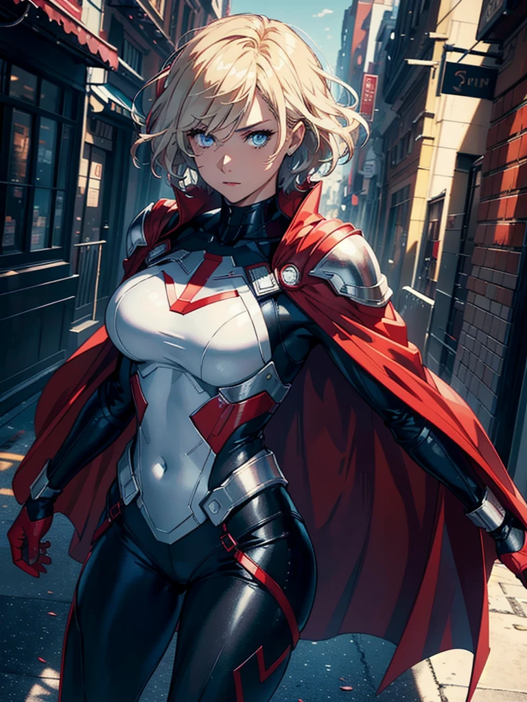 16K, HDR,UHD, RTX, ray tracing, chiaroscuro, best quality, masterpiece, ethereal, perfect illustration, digital artwork, trending on artstation, jaw-dropping perfection, ultra realistic, textured amazing lighting effects, perfect shadows, WLOP, 1girl, beautiful mature edgy woman in a cool long jacket and black pants, superhero suit, stomach covered by clothing, short hair, very short hair, wavy hair, white-blonde hair, blonde hair, highly detailed glowing blue eyes, glowing eyes, blue eyes, beautiful glowy blue eyes, detailed eyes, beautiful face, perfect anatomy, broad shoulders, strong upper-body, modern city, city, beautiful weather, stunning sunshine, sunny, daylight, sunlight, sunlight from above, red cape, daytime, superhero, uplifting, heroic, heroic pose, athletic, hands near hips, glowy eyes, daytime, white and red superhero suit, metallic suit, red lines on suit, metal shoulder-pads, summertime, radiant sunlight, beautiful cityscape, hair blowing in wind, manly shoulders, manly shoulders, very tall, cape, red cape, red hands, long red gloves, red gloves, armoured forearm, armoured shoulder-pads, chrome shoulder-pads, chrome forearm armor, red gloves