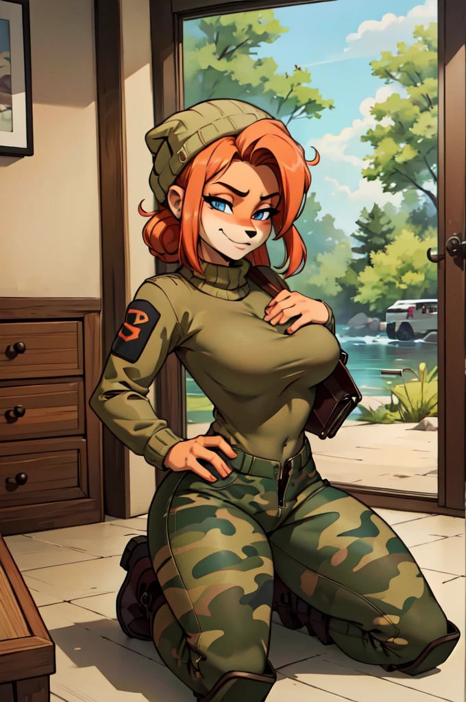 (best quality,4k,8k,highres,masterpiece:1.2),ultra-detailed,realistic:1.37,portrait,anthro bandicoot girl redhead, braided hair, beautiful closed eyes, sexy ,seductive, warm sweater, ,camouflage beanie-balaclava ,camouflage pants, army boots, smirking, cozy lighting, vibrant colors , girl anthro , sweater, camouflage beanie, camouflage pants, army boots, futanari, unzipped pants  lewd , nsfw