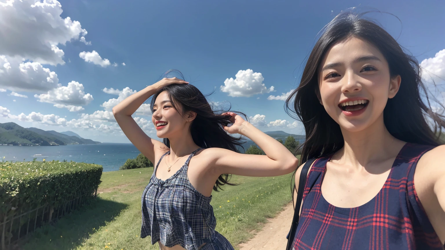 Ancient Roman landscape in the style of Nicolas Poussin,laughter,,Sweet and seductive appearance.、Caravaggio's paintings、Chiaroscuro of Caravaggio、hair tousled by the wind,Two women frolicking,cute smile, expression of ecstasy,Navy Blue Plaid Pleated mini-Skirt