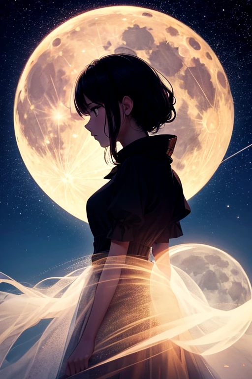 Highest quality,Big moon and shadow,A silhouette of a person can be seen against the backdrop of a large moon.,There is one full moon,There is a mood,Beautiful scenery,Starry Sky