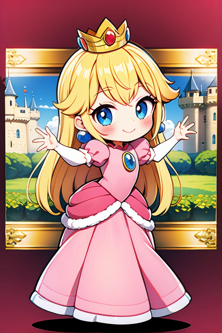 Princess Peach, one girl, blonde, cute, happy, nice smile, young, bright sunlight, Full body image, Are standing, dance, (masterpiece:1.2), best quality, masterpiece, top quality, looking at viewer, castle, castle gate, shining eyes, blush, mushroom, pink dress